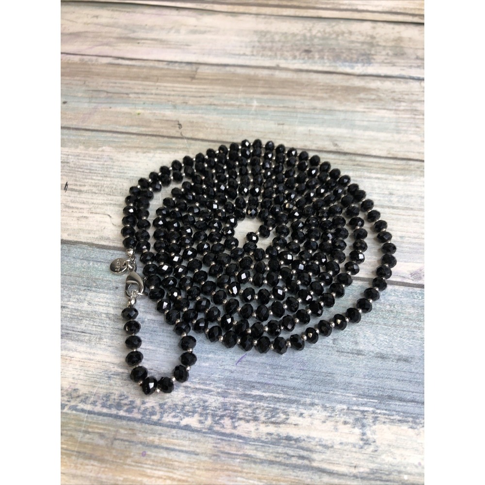 Loft Black Crystal Beads Silver Tone Necklace 60 inch Flapper‎ NWOT